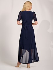 Jolie Moi Blue Ruched Sleeve Mesh Maxi Dress - Image 2 of 6