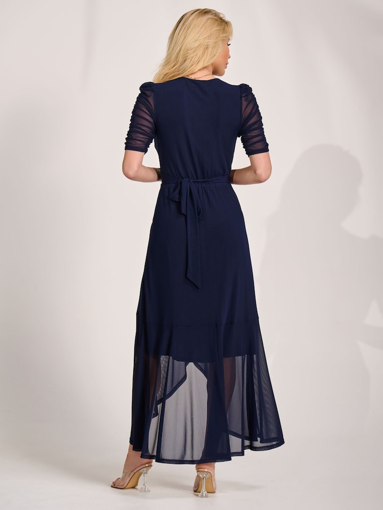 Jolie Moi Blue Ruched Sleeve Mesh Maxi Dress - Image 2 of 6