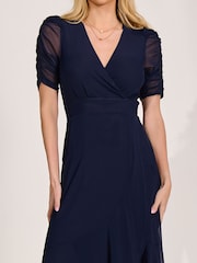 Jolie Moi Blue Ruched Sleeve Mesh Maxi Dress - Image 3 of 6