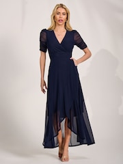Jolie Moi Blue Ruched Sleeve Mesh Maxi Dress - Image 5 of 6