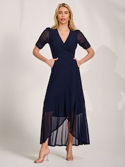 Jolie Moi Blue Ruched Sleeve Mesh Maxi Dress - Image 6 of 6