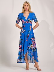 Jolie Moi Royal Blue Floral Ruched Sleeve Mesh Maxi Dress - Image 1 of 6