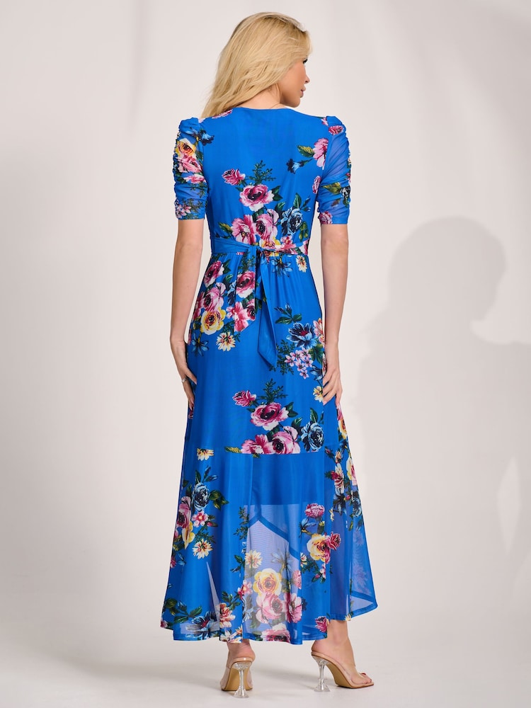 Jolie Moi Royal Blue Floral Ruched Sleeve Mesh Maxi Dress - Image 2 of 6