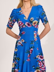 Jolie Moi Royal Blue Floral Ruched Sleeve Mesh Maxi Dress - Image 3 of 6