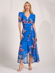 Jolie Moi Royal Blue Floral Ruched Sleeve Mesh Maxi Dress - Image 4 of 6