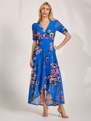 Jolie Moi Royal Blue Floral Ruched Sleeve Mesh Maxi Dress - Image 5 of 6