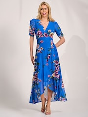 Jolie Moi Royal Blue Floral Ruched Sleeve Mesh Maxi Dress - Image 6 of 6