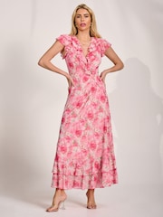 Jolie Moi Pink Ruffle V-Neck Mesh Maxi Dress - Image 1 of 6