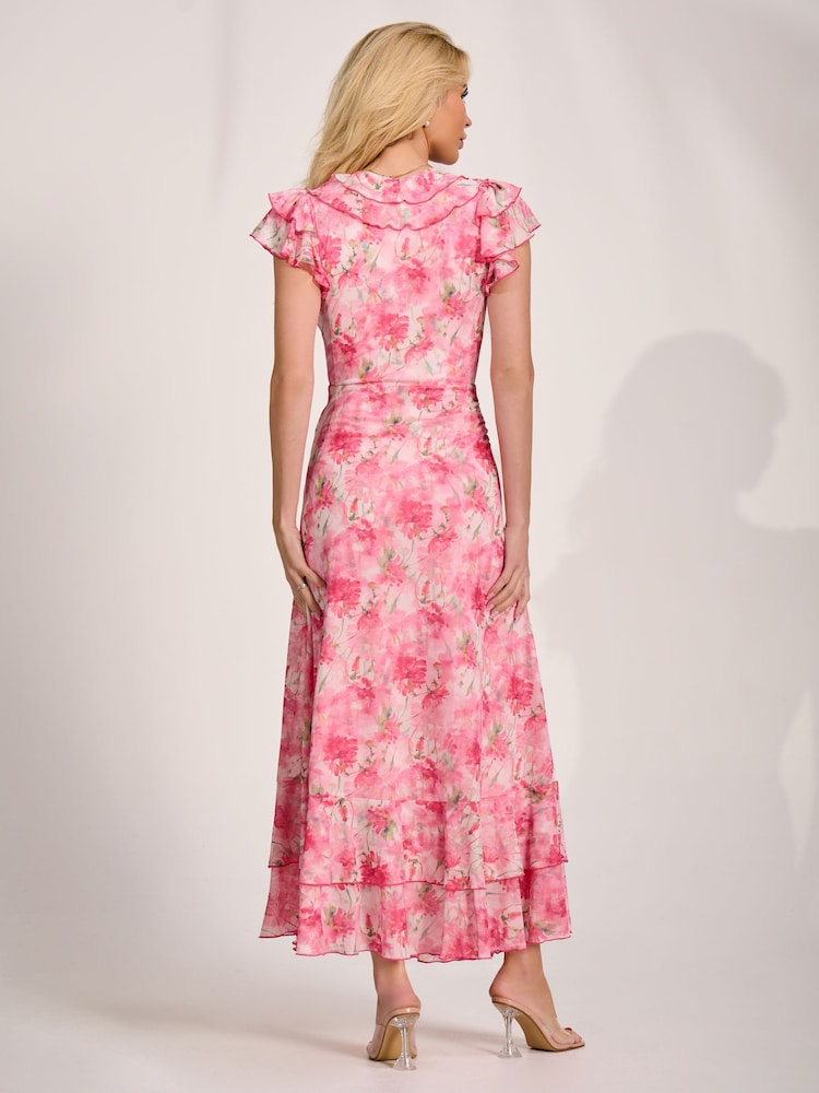 Jolie Moi Pink Ruffle V-Neck Mesh Maxi Dress - Image 2 of 6