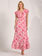 Jolie Moi Pink Ruffle V-Neck Mesh Maxi Dress - Image 4 of 6