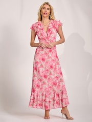 Jolie Moi Pink Ruffle V-Neck Mesh Maxi Dress - Image 6 of 6