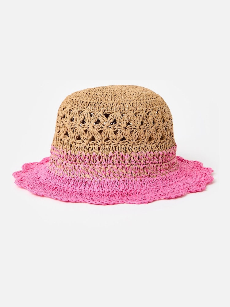 Oliver Bonas Pink Natural & Pink Ombre Scalloped Edge Straw Bucket Hat - Image 2 of 5