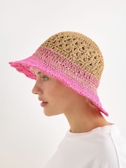Oliver Bonas Pink Natural & Pink Ombre Scalloped Edge Straw Bucket Hat - Image 5 of 5