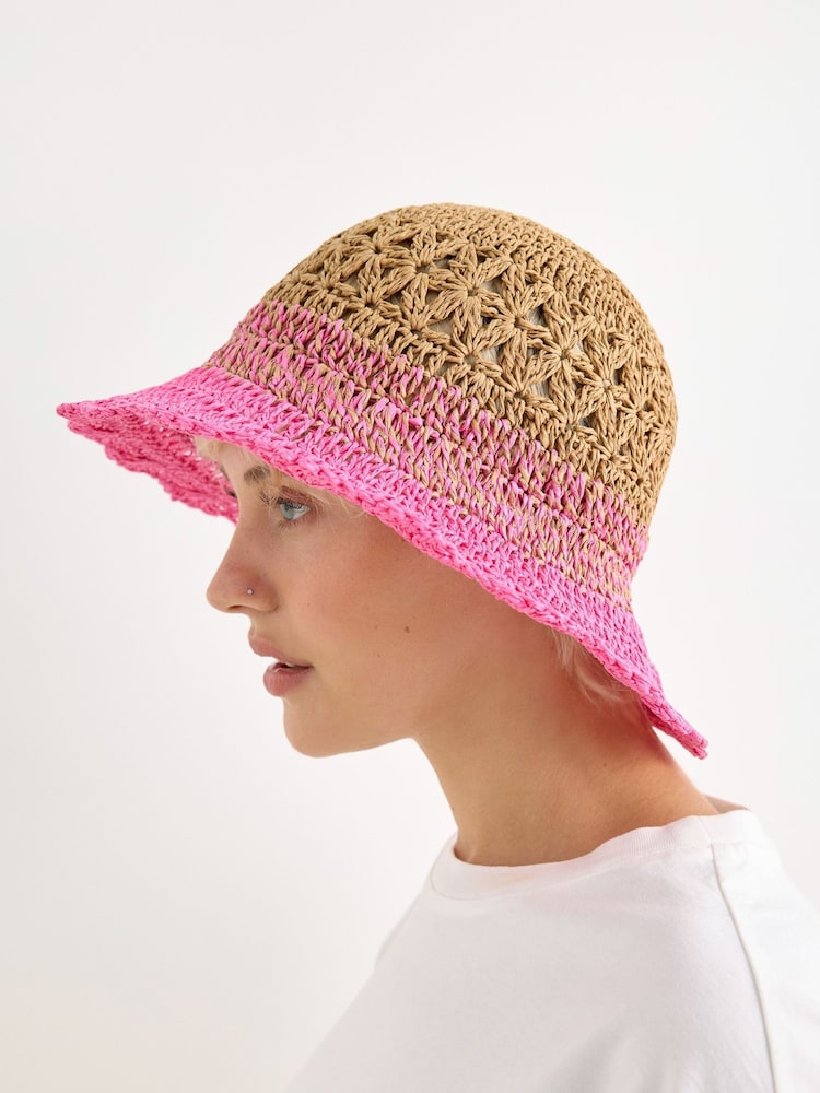 Oliver Bonas Pink Natural & Pink Ombre Scalloped Edge Straw Bucket Hat - Image 5 of 5