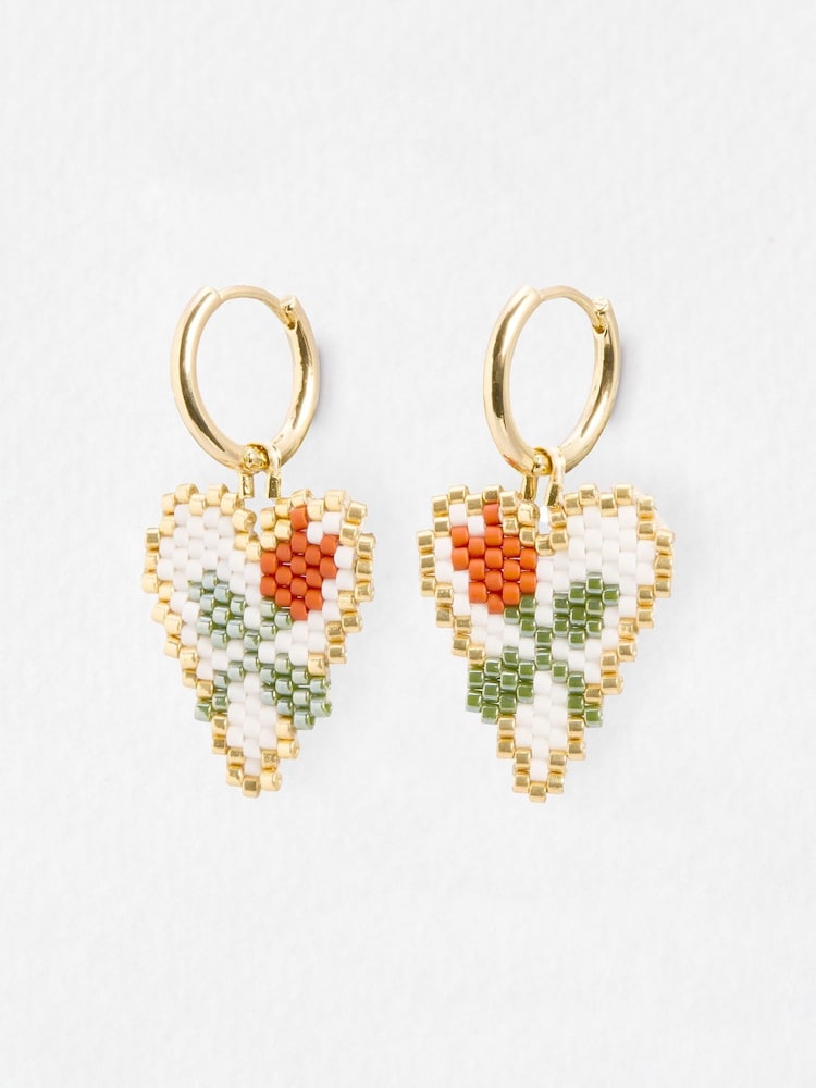 Oliver Bonas Gold Tone Merissa Beaded Rose Detail Heart Drop Hoop Earrings - Image 1 of 5