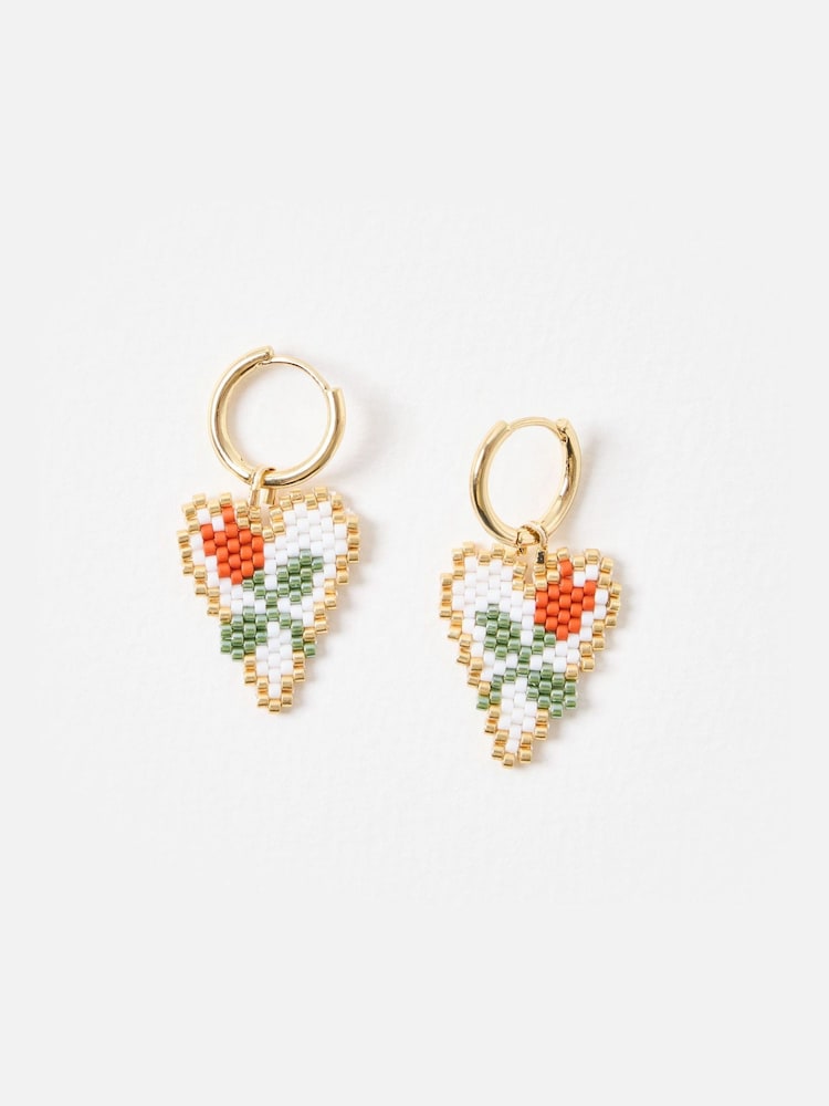 Oliver Bonas Gold Tone Merissa Beaded Rose Detail Heart Drop Hoop Earrings - Image 2 of 5