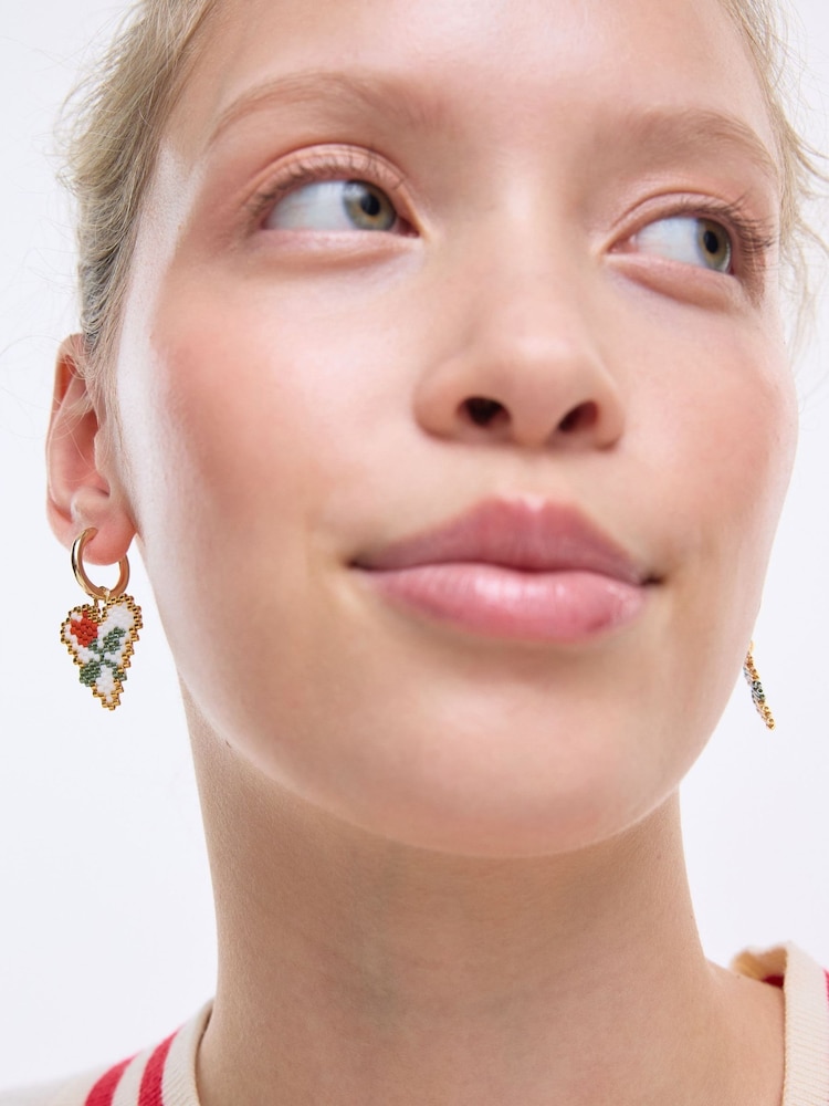 Oliver Bonas Gold Tone Merissa Beaded Rose Detail Heart Drop Hoop Earrings - Image 5 of 5