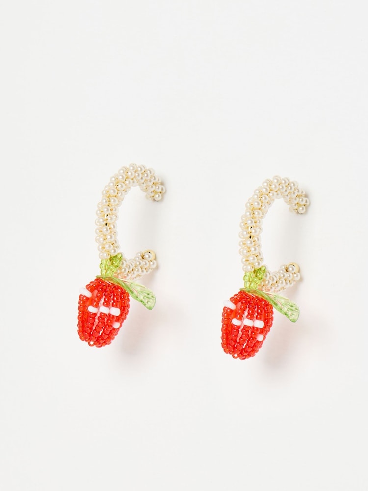 Oliver Bonas Red Shelby Strawberry Beaded Charm Drop Hoop Earrings - Image 1 of 4
