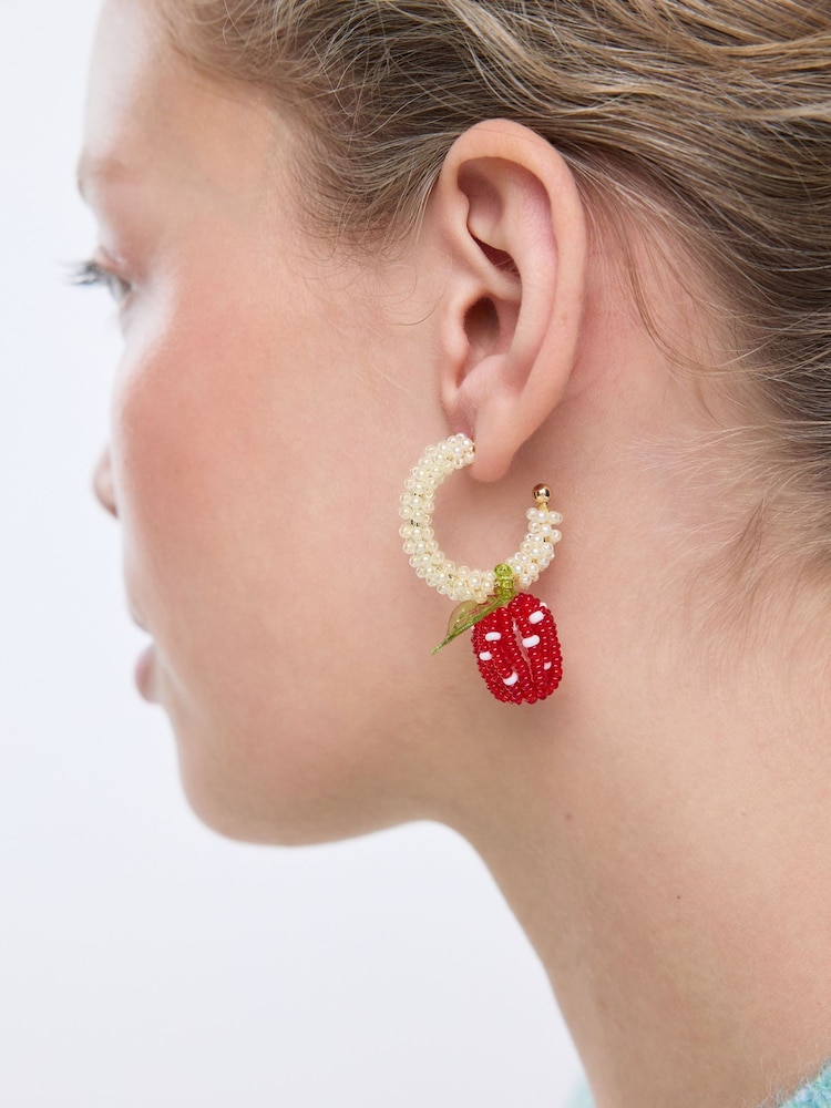 Oliver Bonas Red Shelby Strawberry Beaded Charm Drop Hoop Earrings - Image 4 of 4
