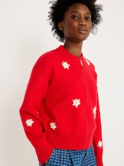 Oliver Bonas Red Daisy Embroidered Zip Up Knitted Bomber Jacket - Image 1 of 8