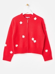 Oliver Bonas Red Daisy Embroidered Zip Up Knitted Bomber Jacket - Image 3 of 8