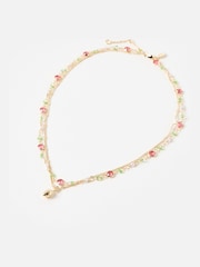 Oliver Bonas Pink Silvie Gold Strawberry & Faux Pearl Double Row Necklace - Image 1 of 4
