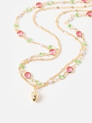 Oliver Bonas Pink Silvie Gold Strawberry & Faux Pearl Double Row Necklace - Image 2 of 4