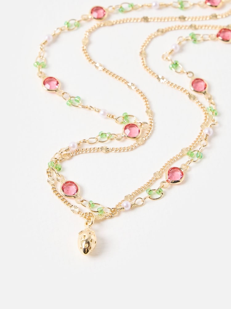 Oliver Bonas Pink Silvie Gold Strawberry & Faux Pearl Double Row Necklace - Image 2 of 4