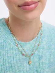 Oliver Bonas Pink Silvie Gold Strawberry & Faux Pearl Double Row Necklace - Image 4 of 4