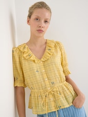 Oliver Bonas Yellow Yellow Floral Check Tie Waist Blouse - Image 1 of 7