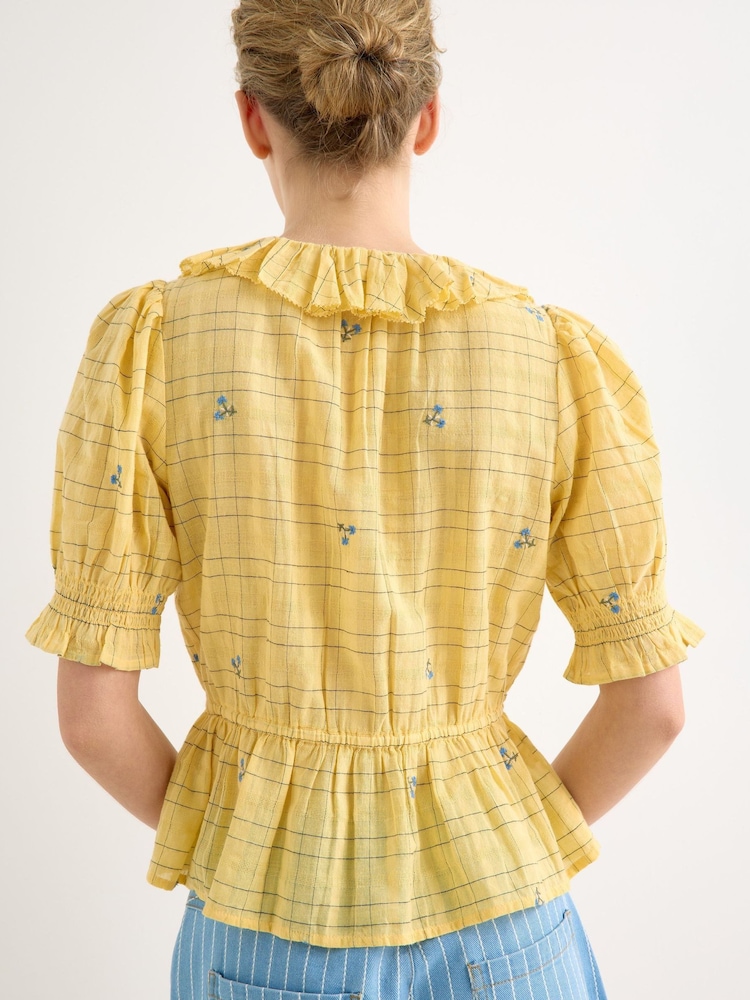 Oliver Bonas Yellow Yellow Floral Check Tie Waist Blouse - Image 2 of 7