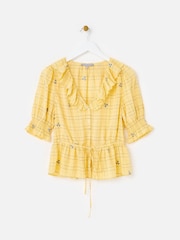 Oliver Bonas Yellow Yellow Floral Check Tie Waist Blouse - Image 3 of 7