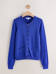 Cobalt Blue Bow Buttons Soft Touch Cotton Rich Crew Neck Cardigan - Image 1 of 3