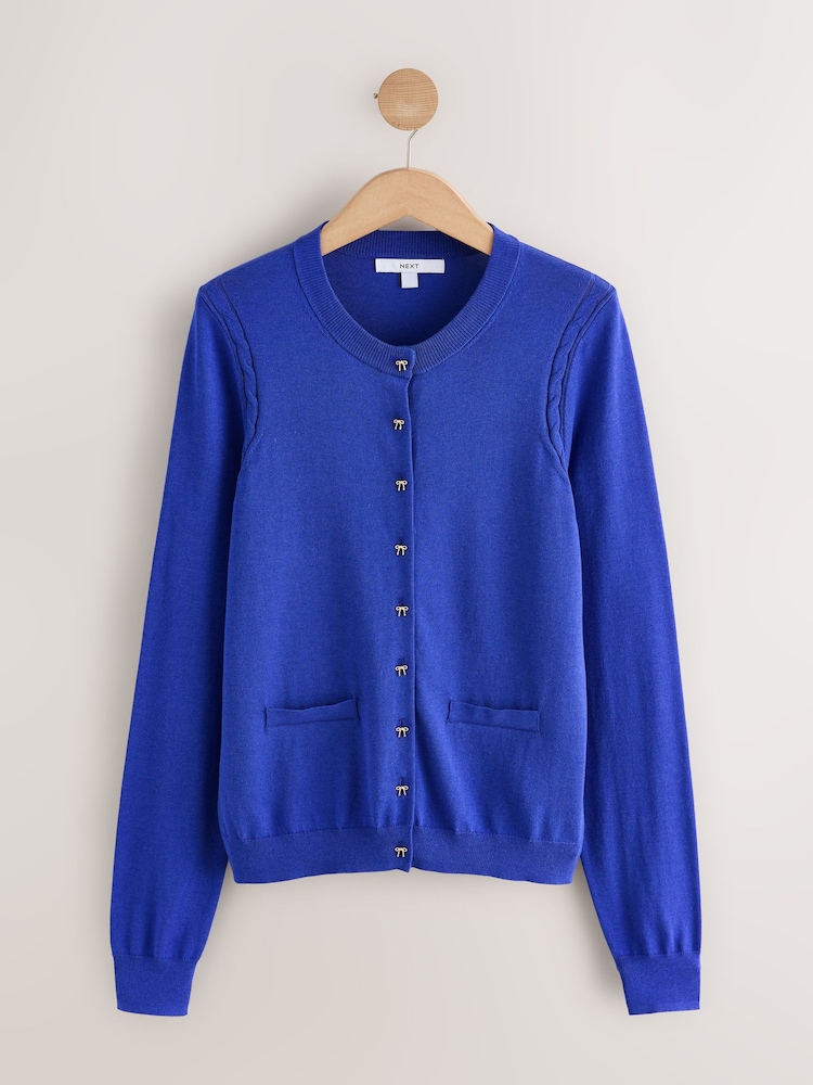 Cobalt Blue Bow Buttons Soft Touch Cotton Rich Crew Neck Cardigan - Image 1 of 3