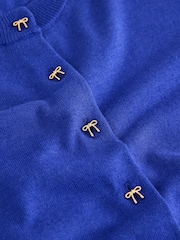 Cobalt Blue Bow Buttons Soft Touch Cotton Rich Crew Neck Cardigan - Image 2 of 3