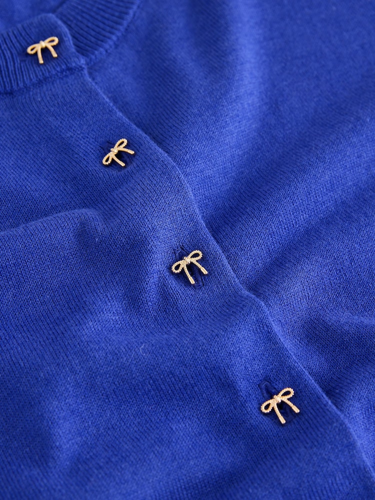 Cobalt Blue Bow Buttons Soft Touch Cotton Rich Crew Neck Cardigan - Image 2 of 3