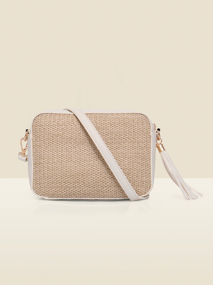 Sosandar Natural Raffia & Ivory Trim Cross Body Bag - Image 1 of 5 Sosandar Natural Raffia & Ivory Trim Cross Body Bag - Image 1 of 5