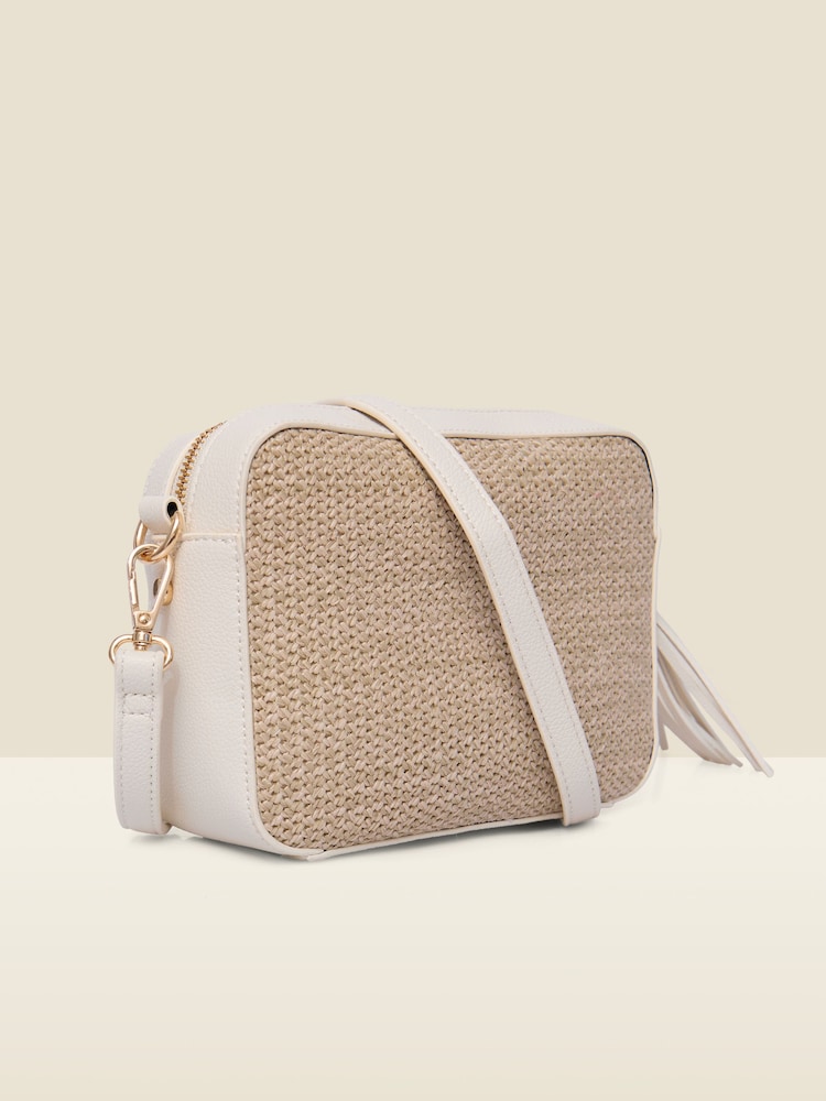 Sosandar Natural Raffia & Ivory Trim Cross Body Bag - Image 2 of 5 Sosandar Natural Raffia & Ivory Trim Cross Body Bag - Image 2 of 5