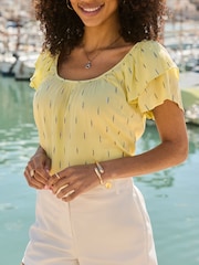 Sosandar Yellow Metallic Fleck Print Ruffle Sleeve Top - Image 4 of 5