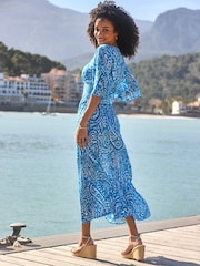 Sosandar Blue Paisley Print Crinkle Shirred Waist Midaxi Dress - Image 2 of 5