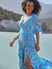 Sosandar Blue Paisley Print Crinkle Shirred Waist Midaxi Dress - Image 4 of 5