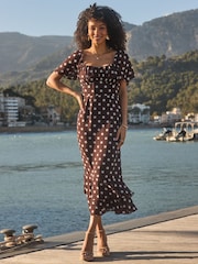 Sosandar Brown Spot Print Chiffon Frill Hem Midaxi Dress - Image 1 of 4