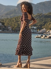 Sosandar Brown Spot Print Chiffon Frill Hem Midaxi Dress - Image 2 of 4