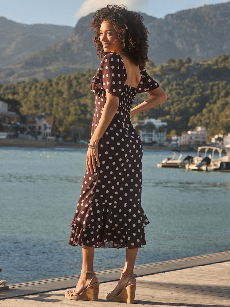 Sosandar Brown Spot Print Chiffon Frill Hem Midaxi Dress - Image 2 of 4