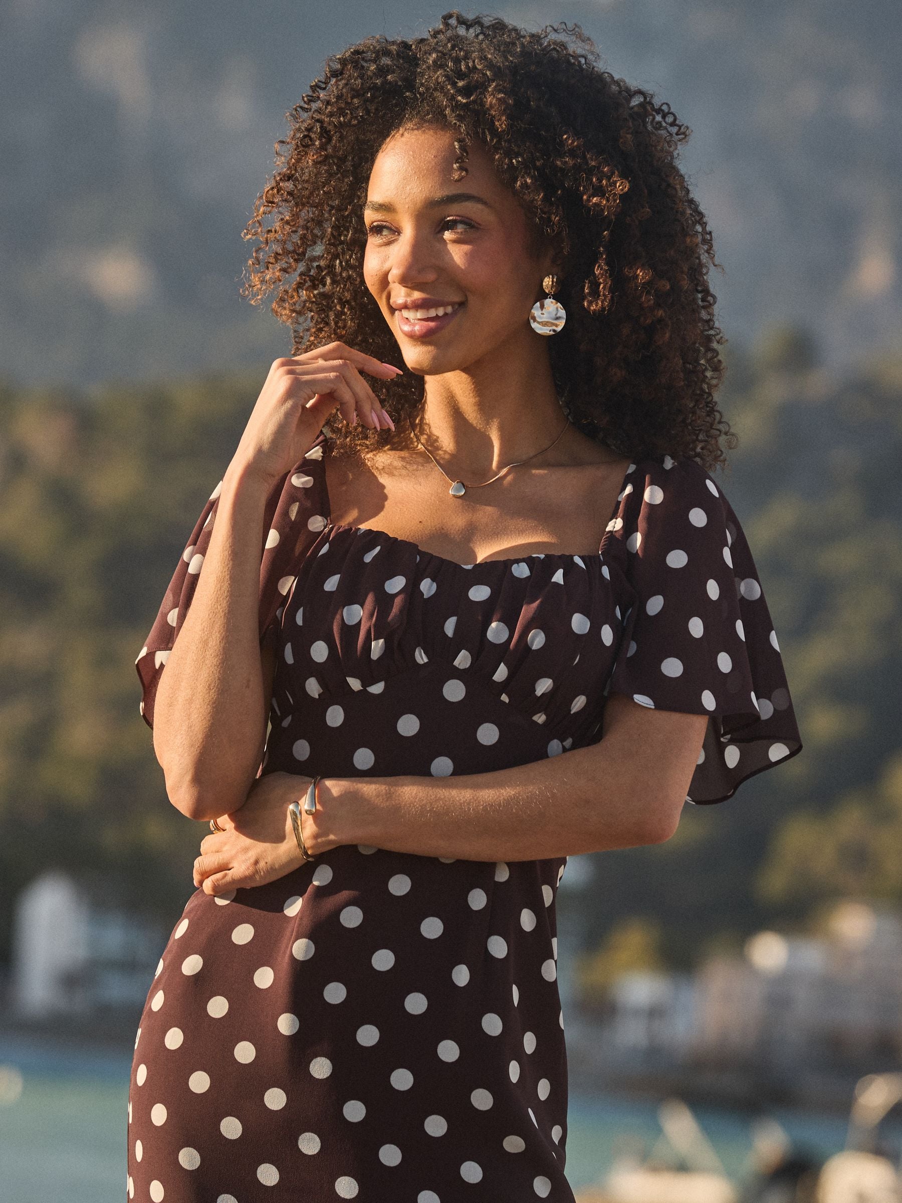 Buy Sosandar Brown Spot Print Chiffon Frill Hem Midaxi Dress from