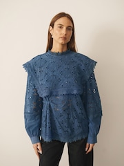 CERENE Emma Navy Cotton Long Sleeve Broderie Bib Blouse - Image 1 of 14