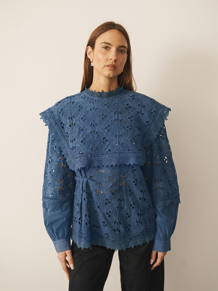 CERENE Emma Navy Cotton Long Sleeve Broderie Bib Blouse - Image 1 of 14 CERENE Emma Navy Cotton Long Sleeve Broderie Bib Blouse - Image 1 of 14
