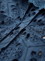CERENE Emma Navy Cotton Long Sleeve Broderie Bib Blouse - Image 11 of 14