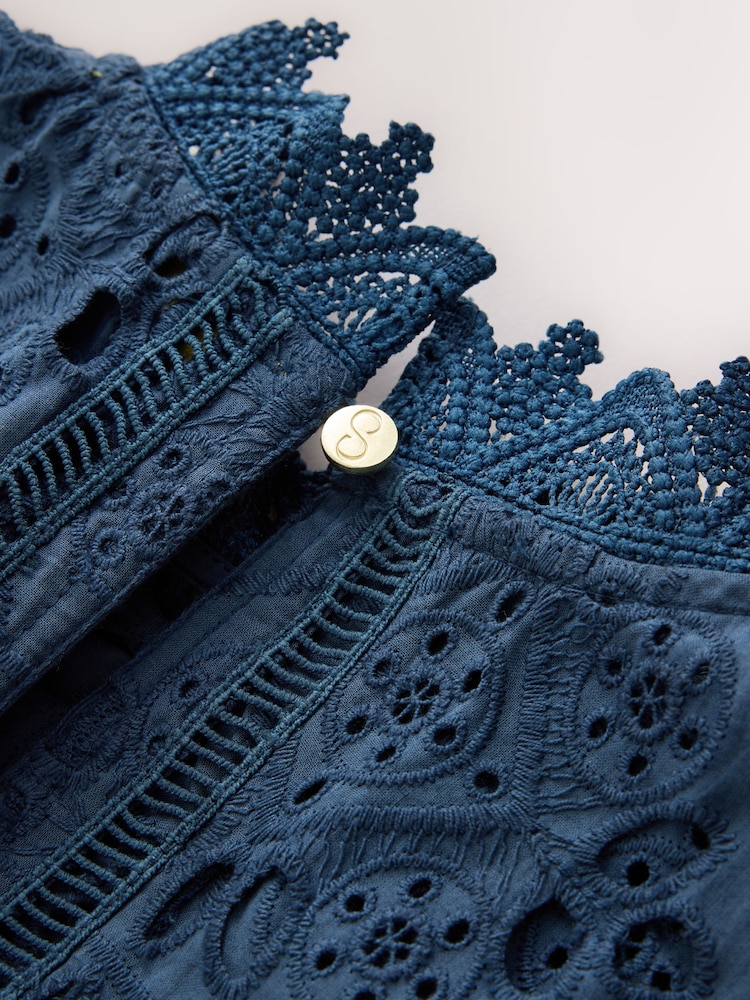 CERENE Emma Navy Cotton Long Sleeve Broderie Bib Blouse - Image 14 of 14 CERENE Emma Navy Cotton Long Sleeve Broderie Bib Blouse - Image 14 of 14