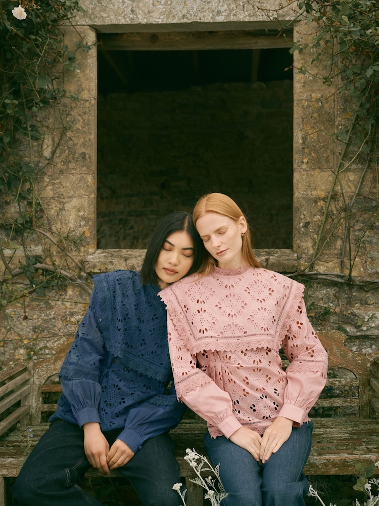 CERENE Emma Navy Cotton Long Sleeve Broderie Bib Blouse - Image 2 of 14 CERENE Emma Navy Cotton Long Sleeve Broderie Bib Blouse - Image 2 of 14